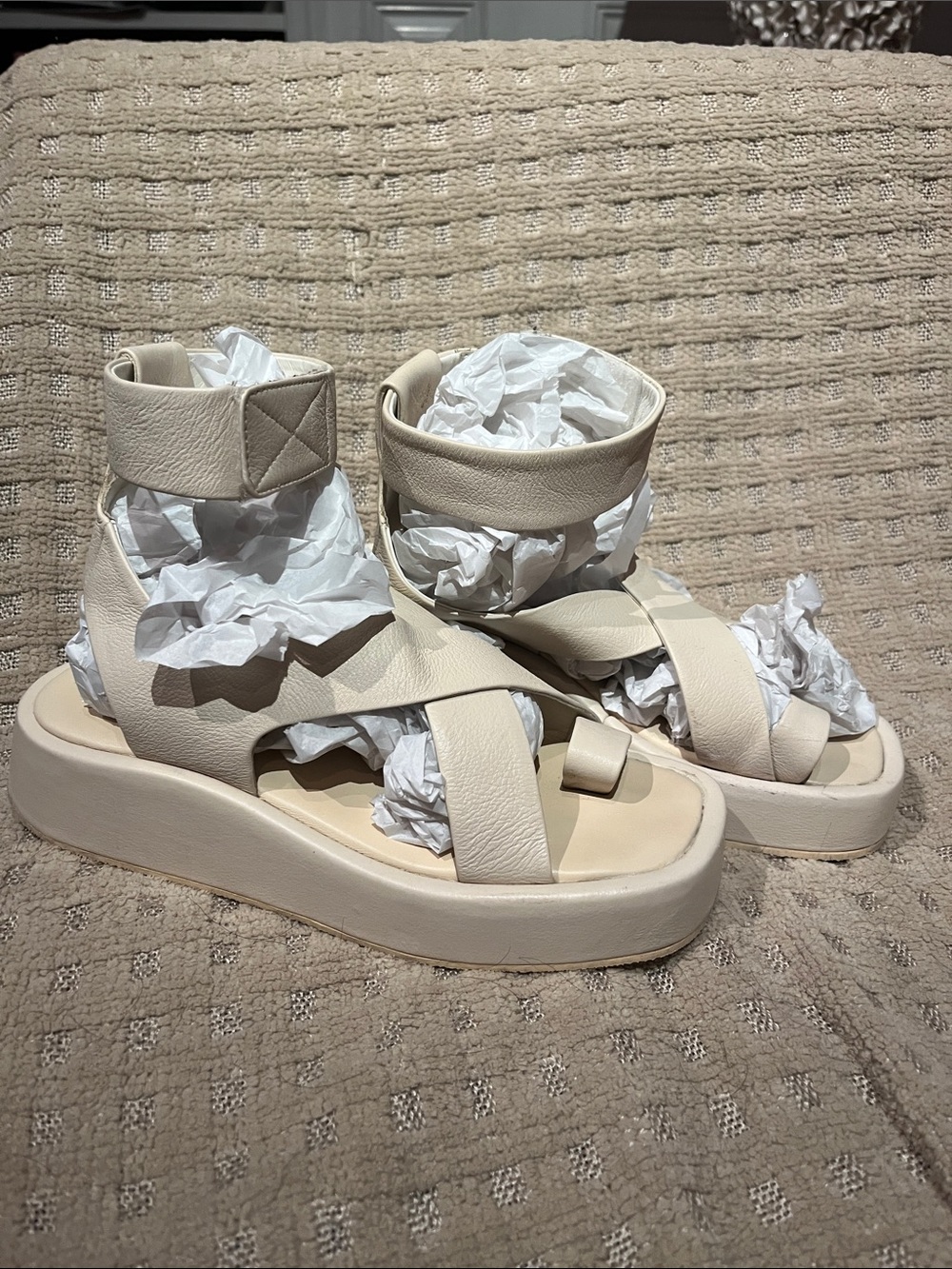 Anthropologie Cream Platform Ankle-Cuff Sandals